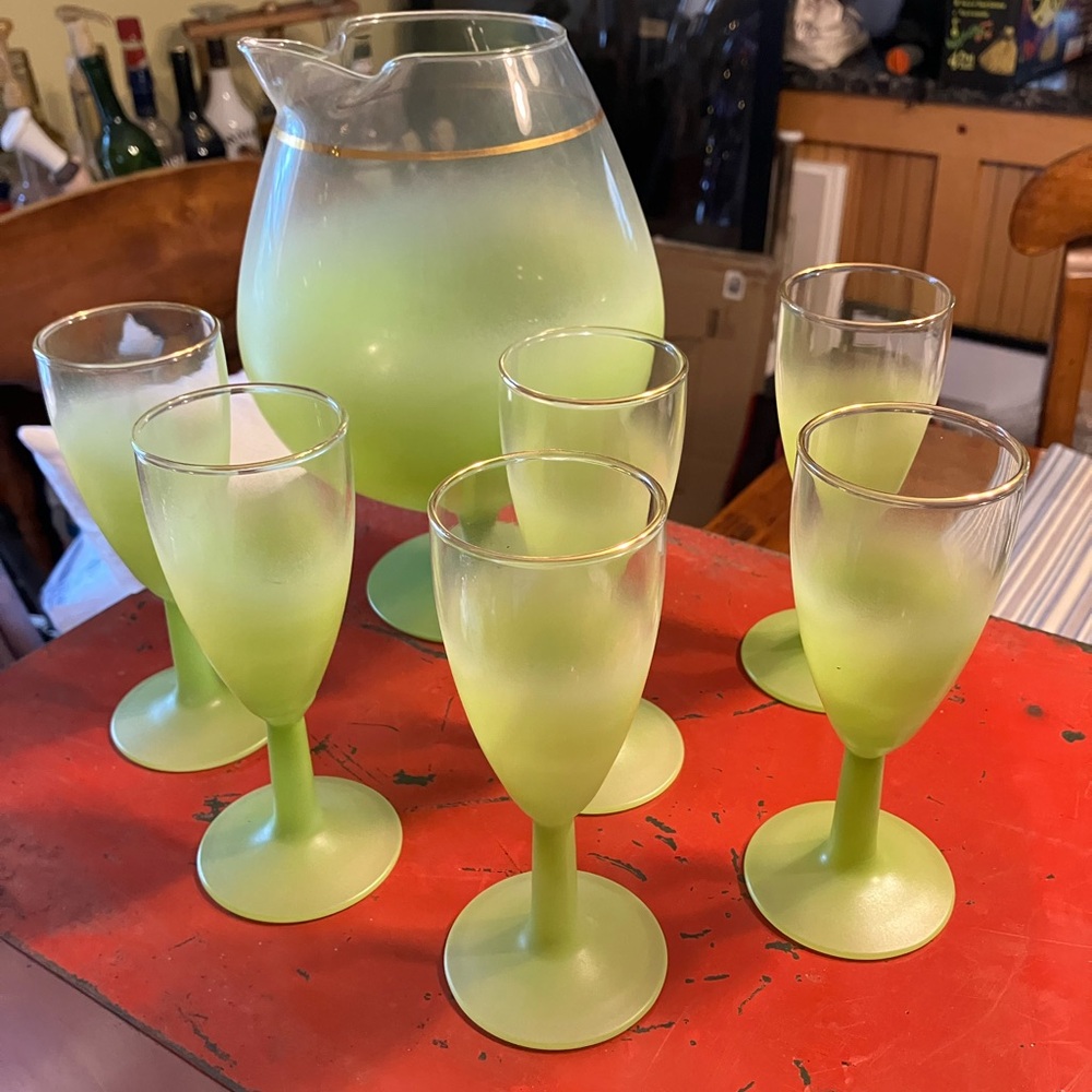 Vintage Blendo Lime Green Snifter Glass Pitcher and Goblet Set